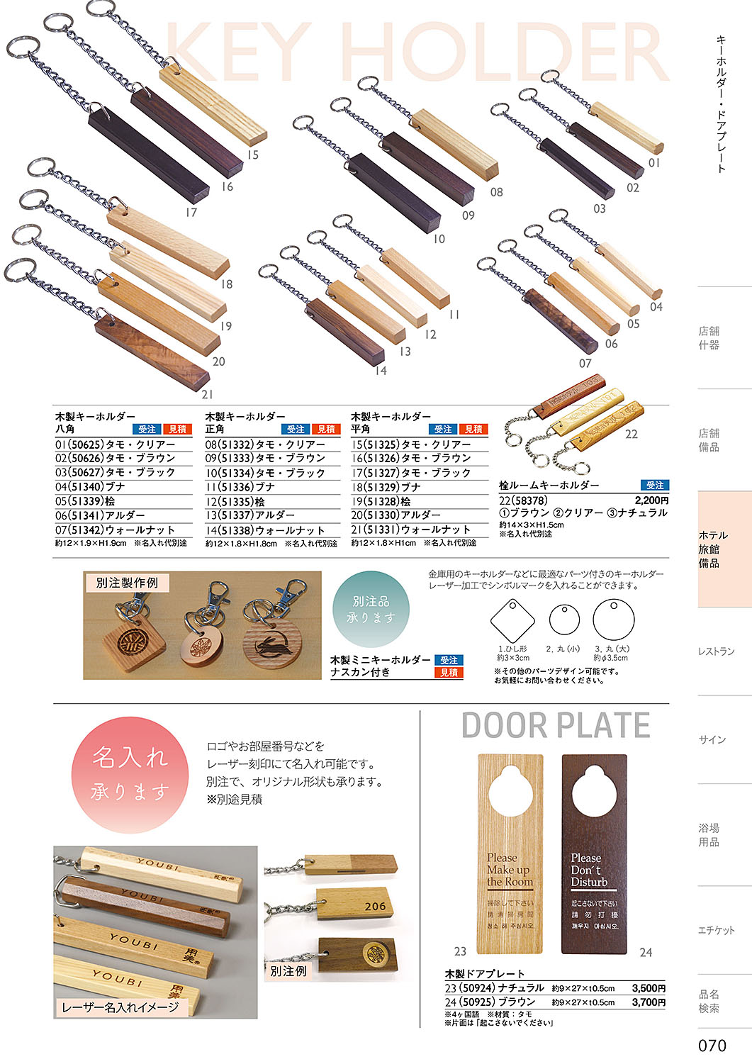 和食器カタログ P.70-ホテル・旅館 備品／キーホルダー・ドアプレート